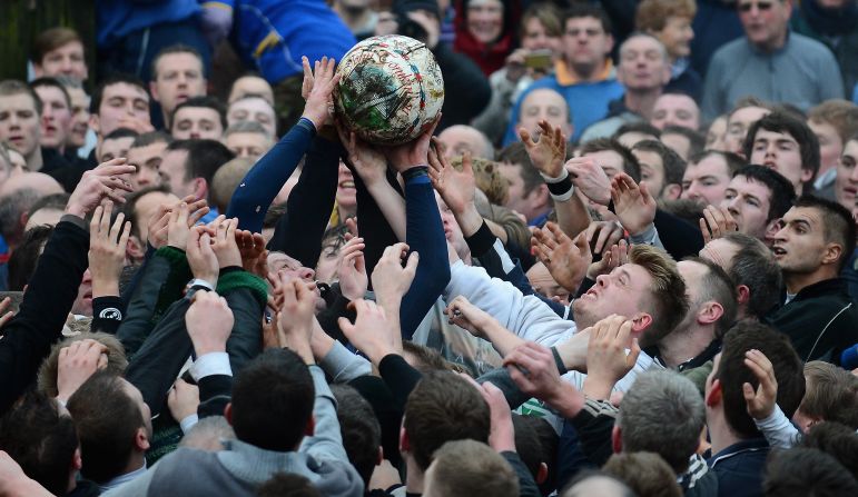 First played in the 17th Century between teams from opposite ends of the Derbyshire town, hundreds of participants aim to get a ball into one of two goals that are positioned three miles apart at either end of Ashboune.