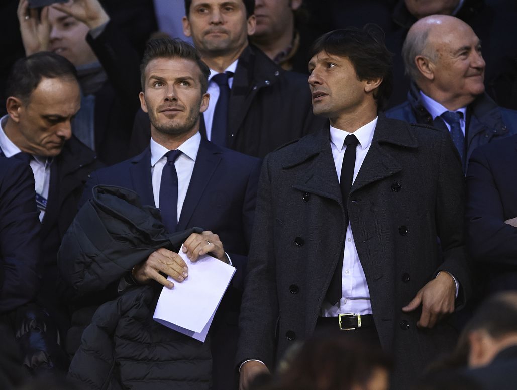 Beckham watched PSG's win at Valencia alongside the club's sporting director Leonardo. The pair looked on as their side edged out Valencia 2-1 in the first leg thanks to goals from Ezequiel Lavezzi and Javier Pastore, before Zlatan Ibrahimovic was sent off late on. The Swede will miss the second leg in the French capital on March 6.