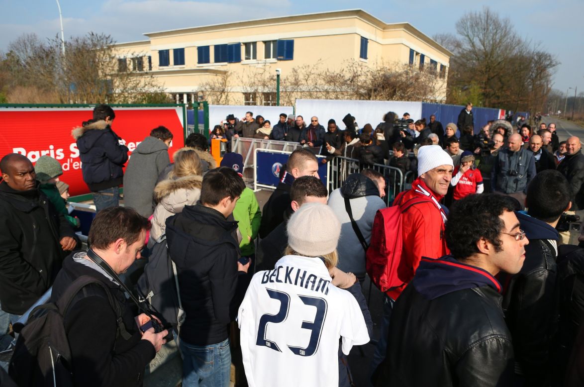 Hundreds of fans and journalists flocked to the Paris Saint-Germain training ground Wednesday to get a glimpse of David Beckham in action on the practice field.  The interest in Beckham's move to the French club has caused huge excitement with the anticipation building ahead of the midfielder's possible debut on Sunday.