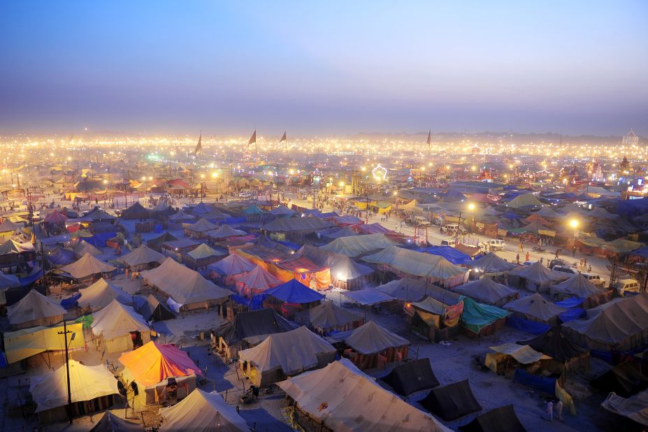 Temporary tents for devotees fill Sangamat at dusk during the Kumbh Mela festival in Allahabad, India, on Wednesday, February 13. 