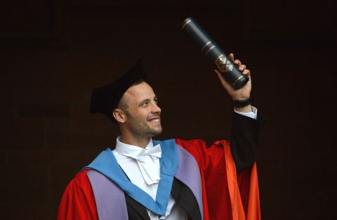 Pistorius receives his honorary doctorate from Strathclyde University in Glasgow, Scotland, in November 2012.