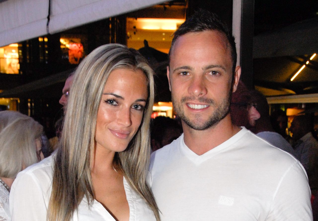 Oscar Pistorius is pictured with Reeva Steenkamp at Melrose Arch in Johannesburg in January 2013.