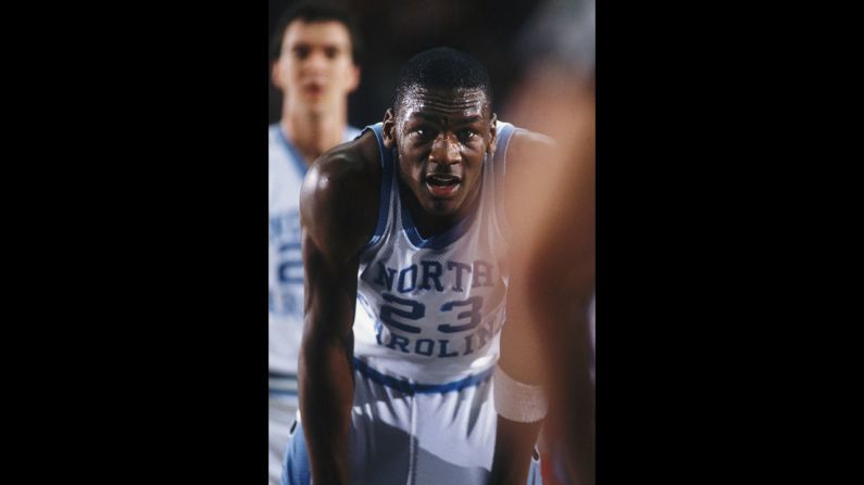 University of North Carolina's Michael Jordan rests for a moment on the court during a game in this photo dated around 1980.