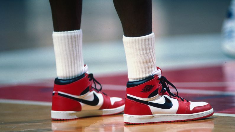 Jordan sports the shoes named after him in  a game against the Washington Bullets circa 1985.