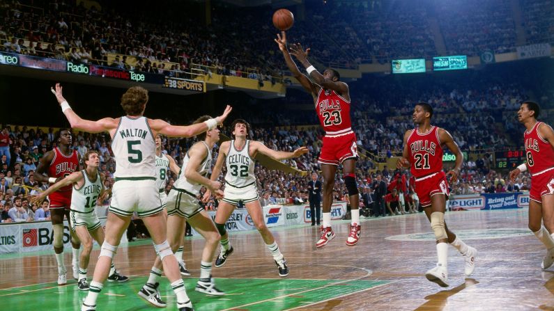 Jordan shoots a jump shot against the Boston Celtics in 1986.