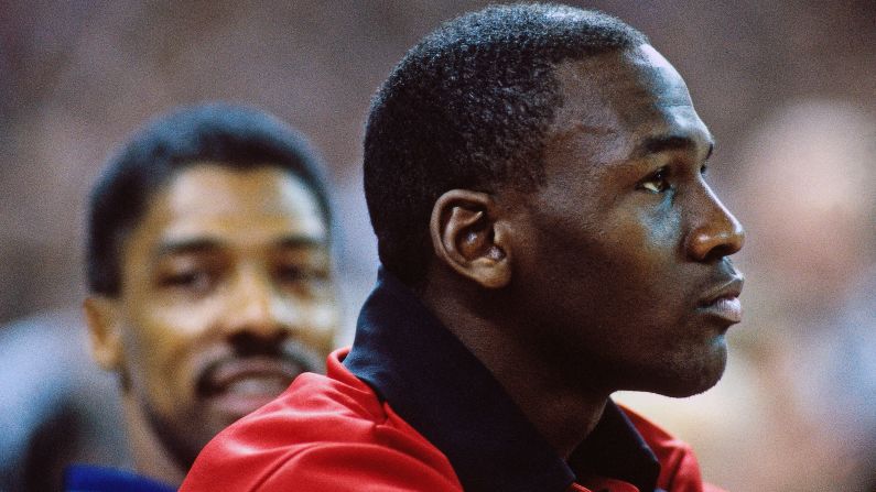 Jordan sits on the bench during a game against the Portland Trail Blazers in 1987.
