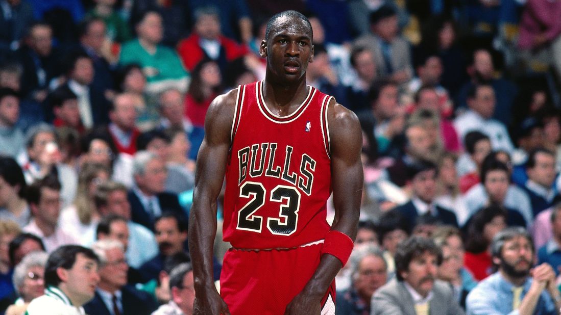 Jordan competes in a game against the Boston Celtics in 1991.