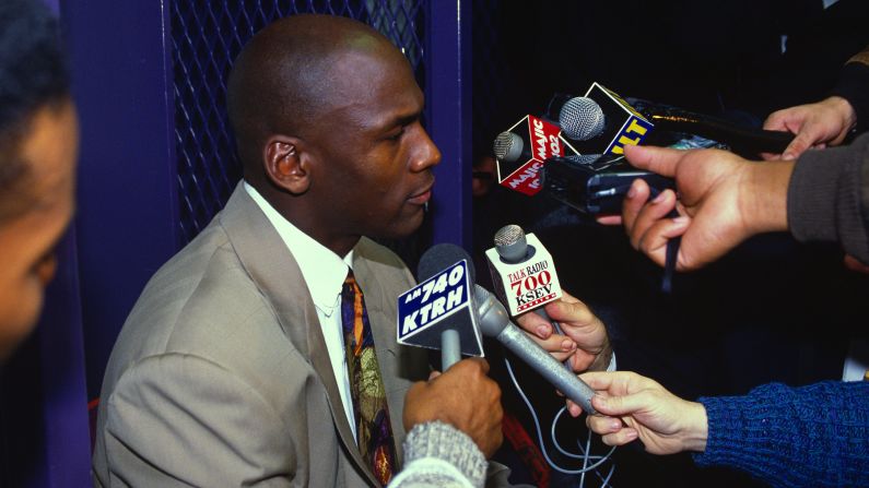 Jordan talks with the media after the Bulls defeated the Portland Trail Blazers in Game 6 of the 1992 NBA Finals. The Bulls won the NBA Championship 4-2.