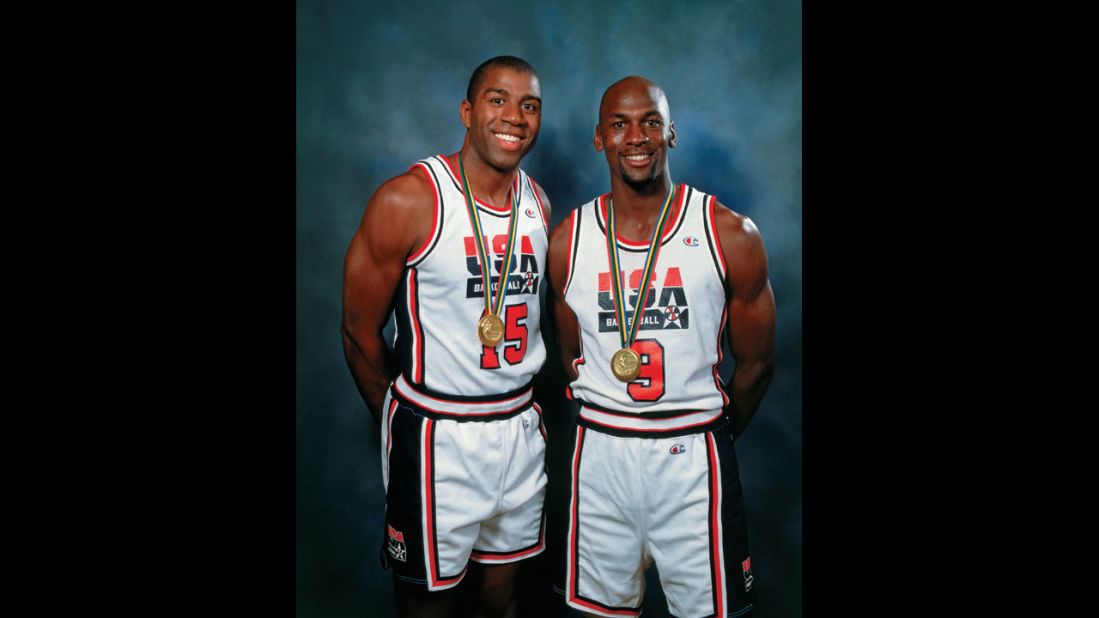 Magic Johnson and Jordan pose for a photo during the 1992 Summer Olympics in Barcelona, Spain.