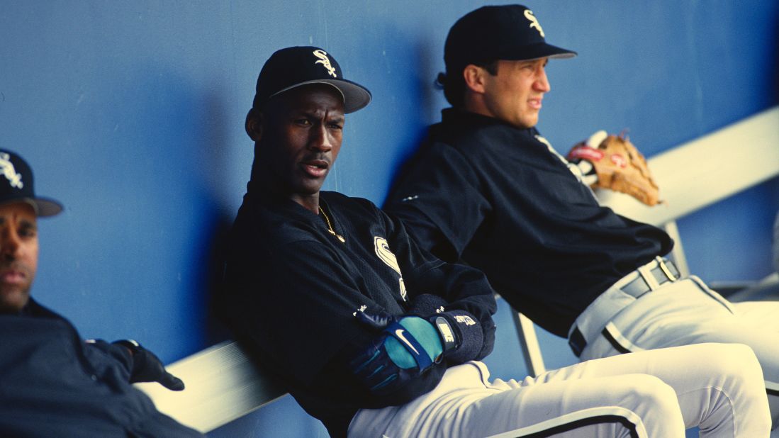 Jordan of the Birmingham Barons, the Double A minor league affiliate of the Chicago White Sox, looks on from the bench during a minor league baseball game in 1994. Jordan played for the Barons from 1994-95.