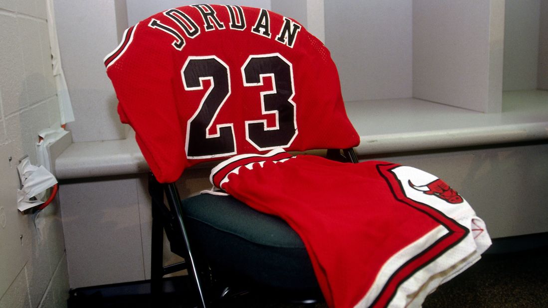 Jordan's uniform waits for him in front of a locker prior to Game 5 of the 1996 NBA Finals against the Seattle SuperSonics.