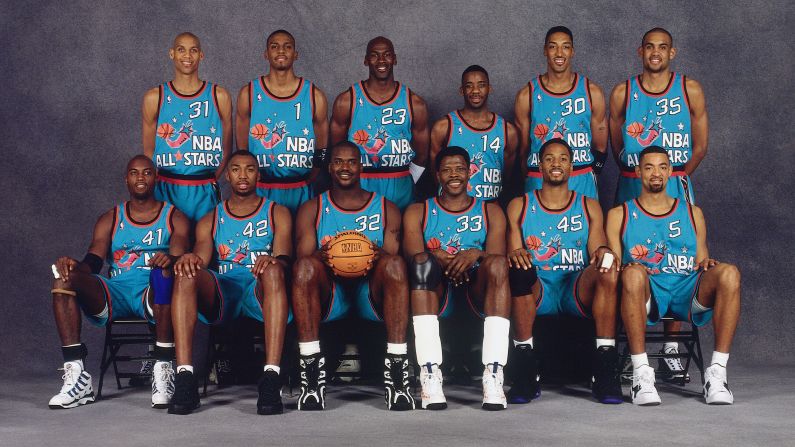 The Eastern Conference All-Stars pose for a portrait prior to the 1996 NBA All-Star Game in 1996. Back row, left to right: Reggie Miller, Anfernee Hardaway, Michael Jordan, Terrell Brandon, Scottie Pippen, Grant Hill. Front row, left to right: Glen Rice, Vin Baker, Shaquille O'Neal, Patrick Ewing, Alonzo Mourning and Juwan Howard. The Eastern Conference All-Stars pose for a portrait prior to the 1996 NBA All-Star Game in 1996.