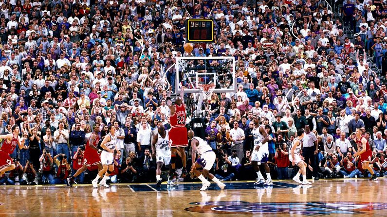Jordan shoots the game winner against the Utah Jazz that gave the Bulls their sixth NBA title in 1998, with a final score of 87-86.