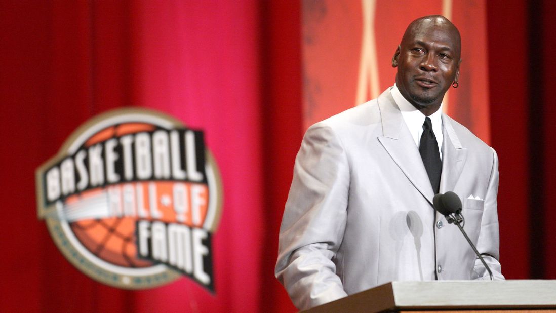 Jordan speaks during his induction into the Naismith Memorial Basketball Hall of Fame in 2009.
