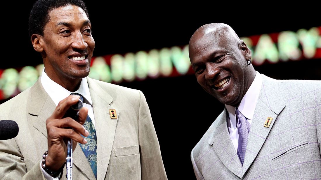 Pippen and Jordan smile as the crowd cheers during a 20th anniversary recognition ceremony of the Bulls first NBA Championship in 1991.