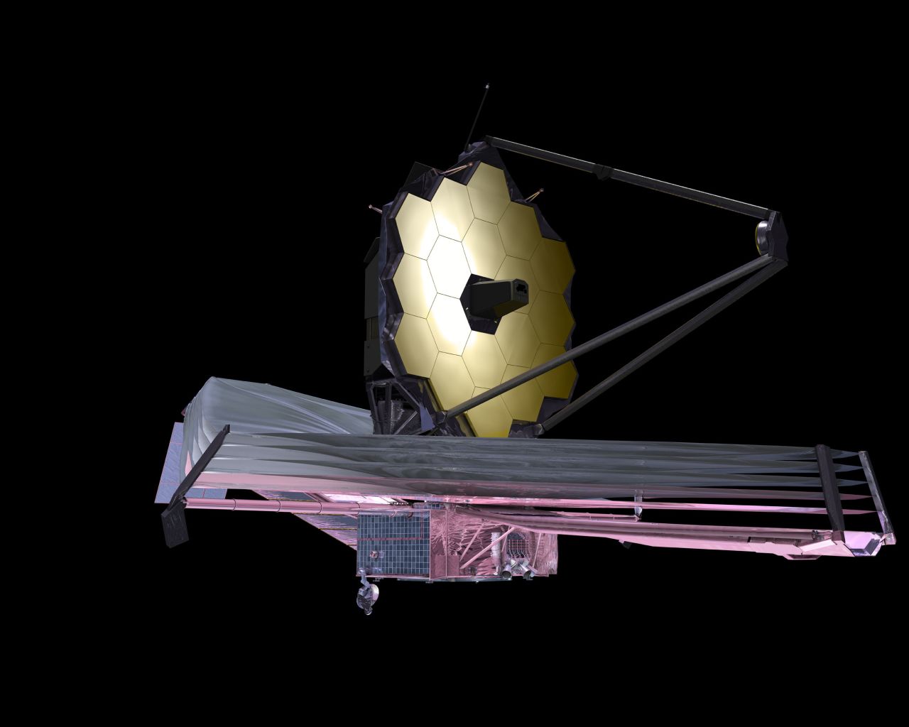 The James Webb Space Telescope, shown in this artist's depiction, would be even more powerful than the Hubble Space Telescope, and may enhance our understanding of enigmatic substances called dark matter and dark energy. 