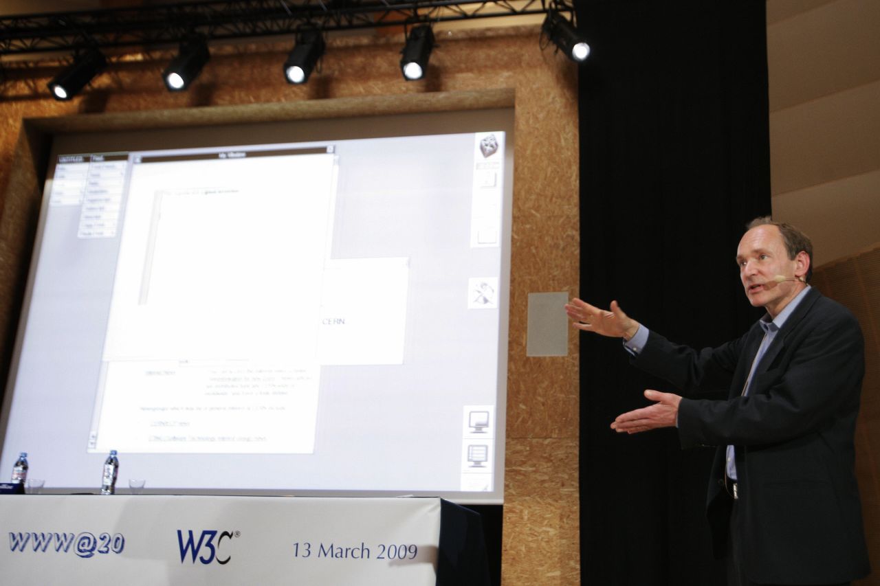 Tim Berners-Lee (R), Inventor of the Web, demonstrates the NeXT computer on which he developed the Web and which was also the first Web server during the 20 years celebration of the World Wide Web on March 13, 2009 at the venue of the European Organization for Nuclear Research's (CERN) near Geneva. The World Wide Web (WWW) on Friday marked its 20th anniversary.
