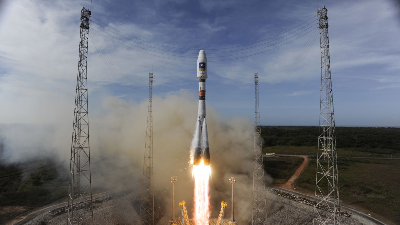 The Soyuz rocket in 2012 lifting off to place the second pair of Galileo satellites into orbit.