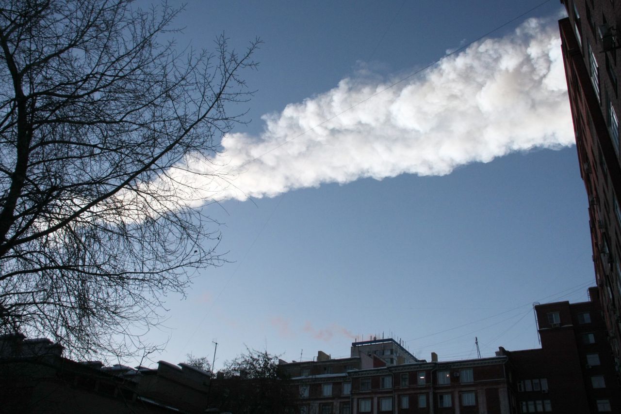 The meteor leaves a white streak through the sky. The national space agency, Roscosmos, said scientists believed one meteoroid had entered the atmosphere, where it burned and disintegrated into fragments, according to RIA Novosti.