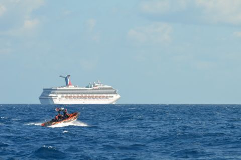 The cruise ship drifts in the Gulf of Mexico on Monday, February 11. The ship was carrying more than 3,200 passengers and nearly 1,100 crew members.