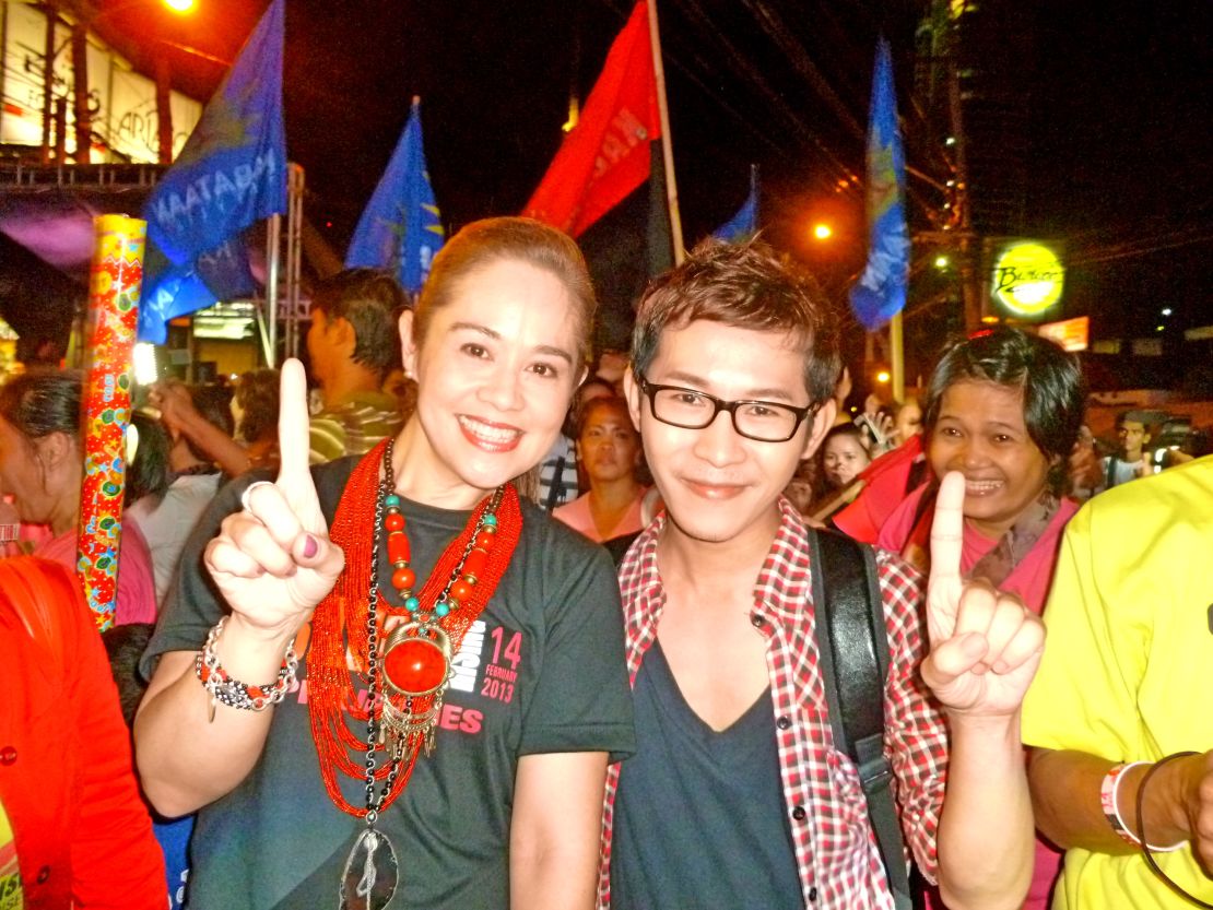 Monique Wilson and Ivan Phell Enrile attend a rally in Quezon City, Philippines.