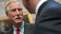 Sen.-elect Angus King, I-Maine, speaks to members of his staff at the U.S. Capitol after being elected last year.