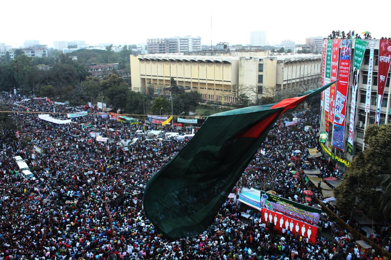 Tens of thousands of people join a sit-in at Shahbagh Square in Dhaka on February 15 to demand the death penalty for war crimes.