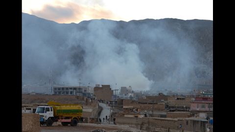 Smoke rises following a bomb explosion in Quetta, Pakistan, on February 16.