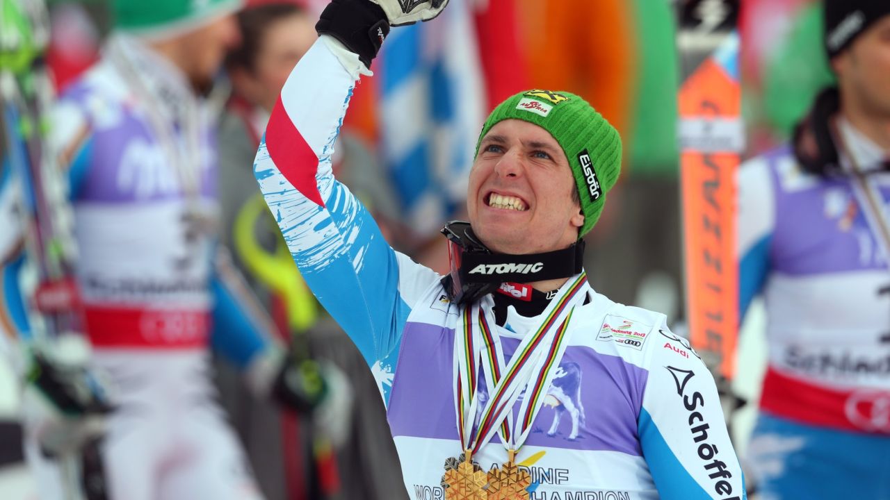 Marcel Hirscher celebrates following his win in the mens' slalom at Schladming.
