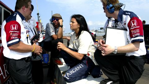Patrick speaks with her crew during practice for the Honda Grand Prix of St. Petersburg in 2005 on the streets of St. Petersburg, Florida.