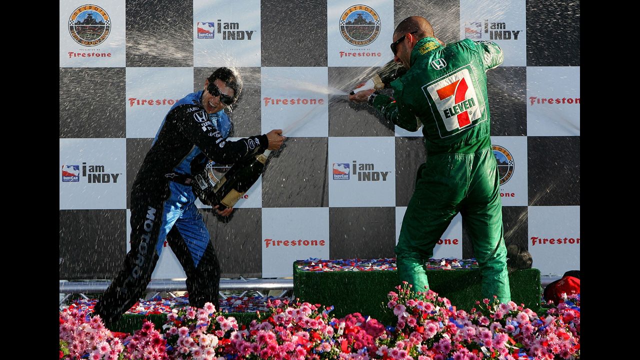 Tony Kanaan, right, and Patrick celebrate after placing first and second in the Detroit Indy Grand Prix in 2007 in Detroit.