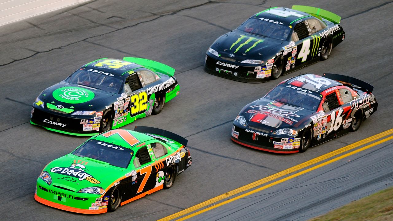 Patrick in car No. 7 leads a group during the Lucas Oil Slick Mist 200 in 2010 in Daytona Beach, Florida.