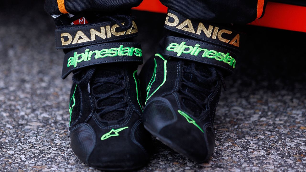 A detail shot of Patrick's shoes on the grid before the New England 200 in 2010 in Loudon, New Hampshire.