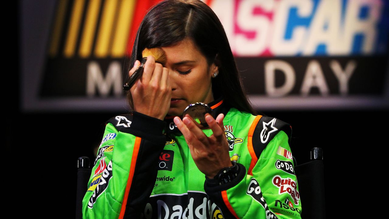 Patrick applies make-up before an interview during the 2013 NASCAR media day at Daytona International Speedway on Thursday, February 14, 2013, in Daytona Beach, Florida.