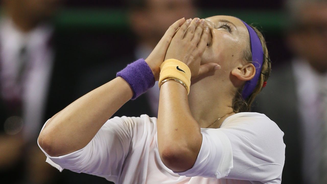 Victoria Azarenka is overcome with emotion after defeating Serena Williams at the final of the Qatar Open.