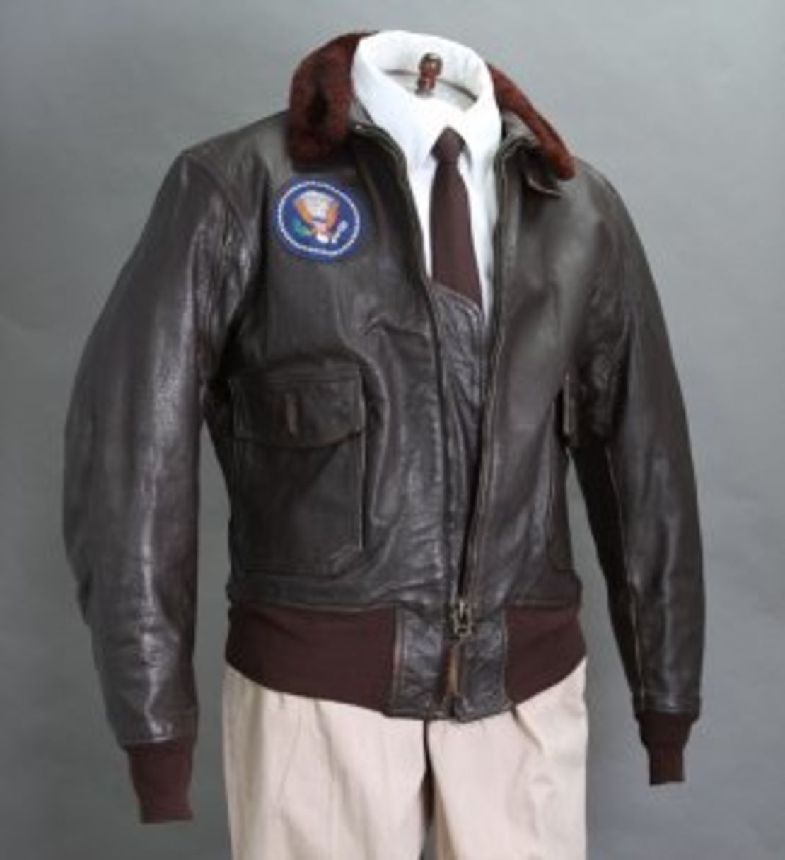 The brown leather jacket, affixed with a patch of the presidential seal, far exceeded the pre-auction estimate.