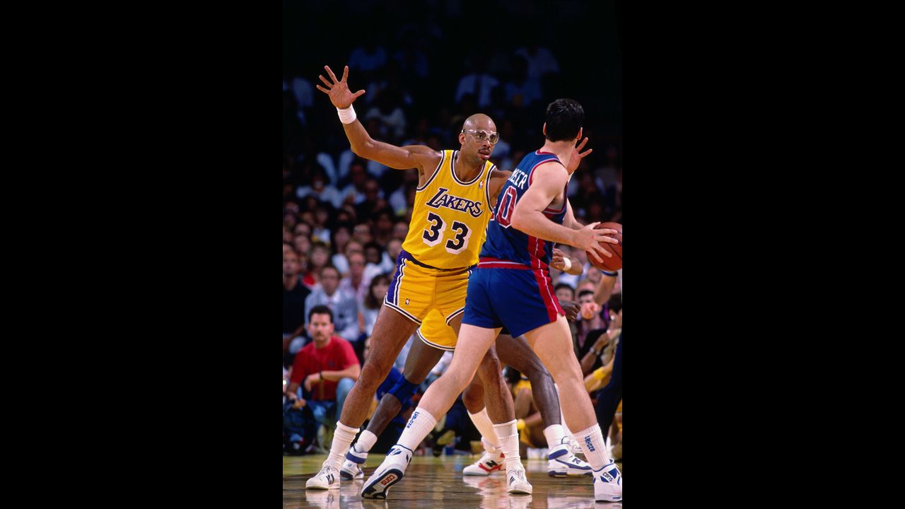 The so-called Showtime Lakers won their last championship of the era. The team couldn't keep up with Detroit's Motor City Bad Boys, who went on to back-to-back championships in 1989 and 1990. Pictured, Abdul-Jabbar of the Lakers defends against Bill Laimbeer of the Detroit Pistons during a 1988 NBA Finals game.