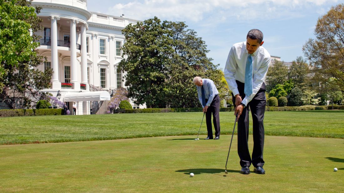 President Barack Obama and Vice President Joe Biden practice on the White House putting green in 2009. Fifteen of the past 18 presidents have played golf.