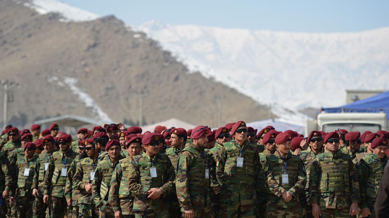 Afghan Commandos are pictured at the National Military Academy in Kabul on Saturday.