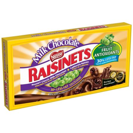 <strong>Worst use of real fruit: Raisinets, 3.5-ounce box </strong><br />If a fruit is covered in chocolate, is it still a fruit? Hardly, says Kriegler. <br /><br />Let's look at the facts: A theater-size box of milk chocolate Raisinets contains 380 calories, 54 grams of sugar and 16 grams fat; the dark chocolate variety's only slightly better with 360 calories and 52 grams of sugar. The candies may technically contain a half serving of fruit in every quarter cup (or one full serving per box), but you're much better off eating an apple, or even a box of plain raisins -- with zero fat, cholesterol, or added sugar. <br /><br />However, if you're choosing between chocolate-covered candies, Raisinets are a better choice than some other options.