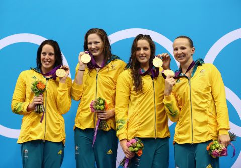 Australia's only swimming gold at London 2012 was won on the opening day of competition by Alicia Coutts, Melanie Schlanger Brittany Elmslie and Cate Campbell in the women's 4x100m freestyle relay.