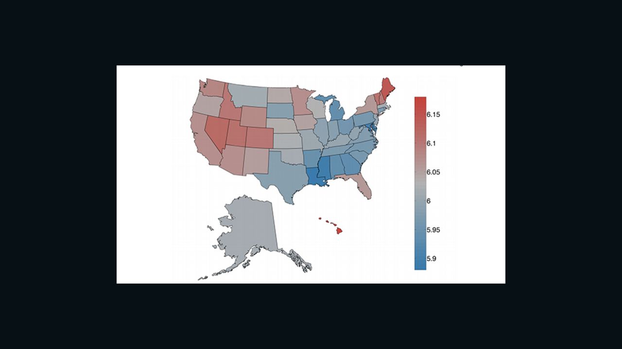 States in red have the highest average amount of happy tweets. States in blue states have more sad tweets. 