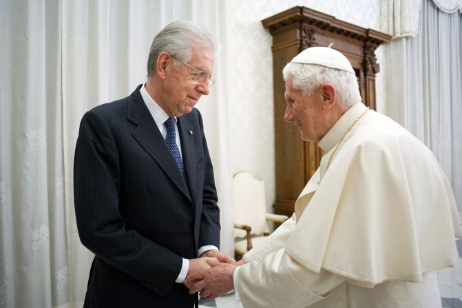 The harsh budget cuts and austerity policies of current Prime Minister Mario Monti (L), shown with the outgoing Pope Benedict XVI, won him plaudits from European leaders, but were unpopular in Italy. 