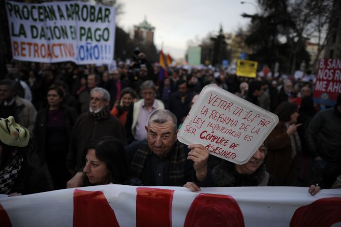 People attend a demonstration called by the organization Platform for Mortgage Victims on February 16 in Madrid.