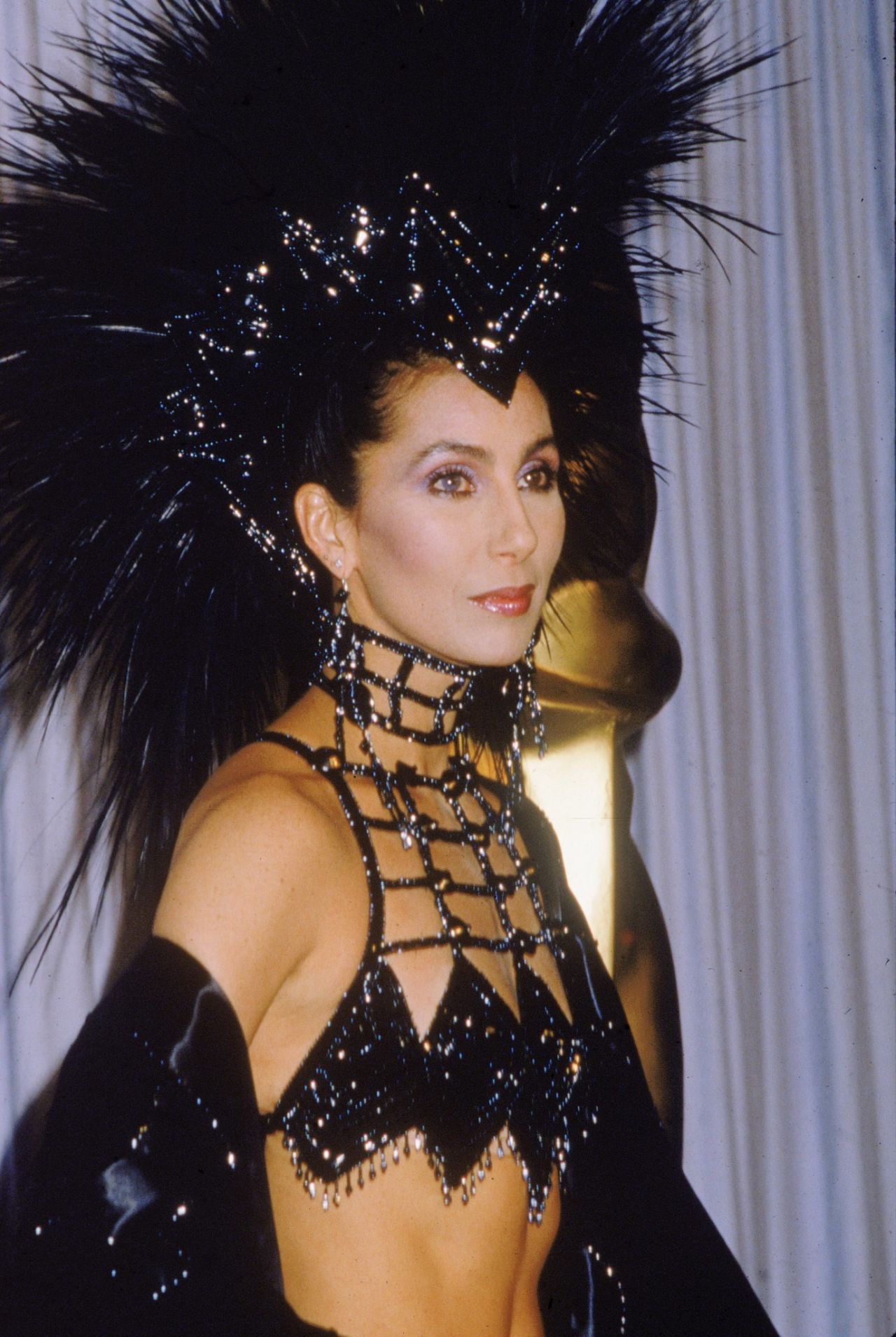 Cher channeled her inner showgirl at the 1986 Academy Awards, showing up in this sequined and feathered ensemble.
