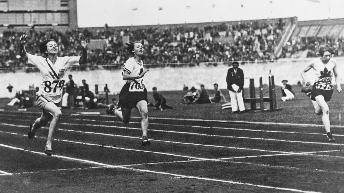 Betty Robinson, left, wins the women's 100-meter final during the Olympic Games in Amsterdam on July 31, 1928. It was the first time the Olympics included athletic events for women, making her the first woman to win gold.