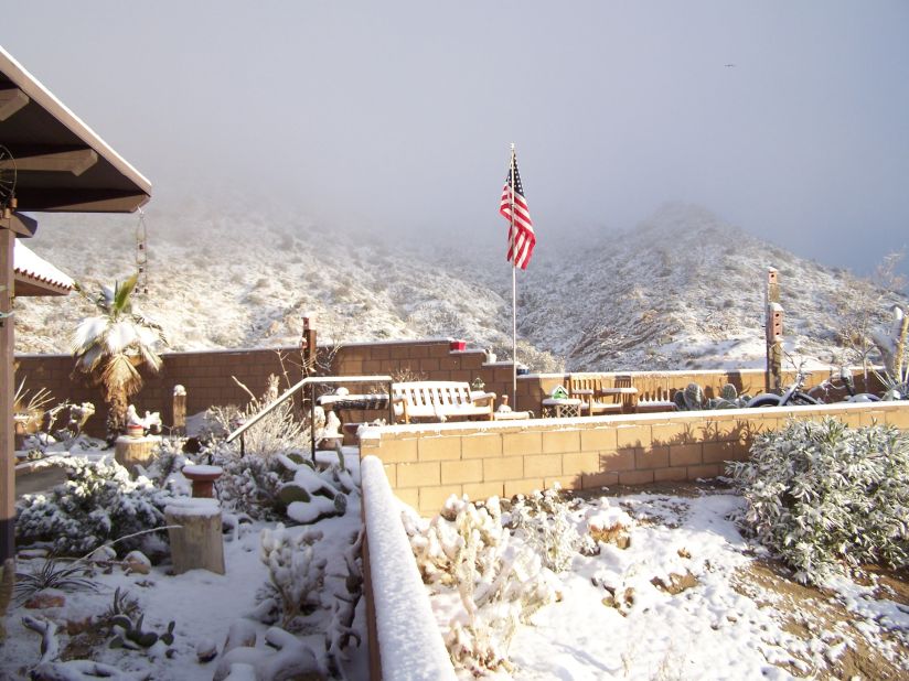 The sun shines on the fresh snow in Yucca Valley on Wednesday.