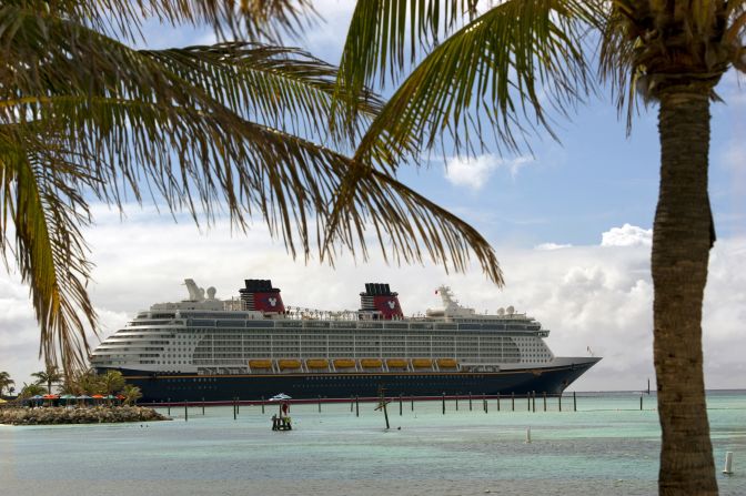 The Disney Fantasy docks at Castaway Cay, Disney's private island in the Bahamas.