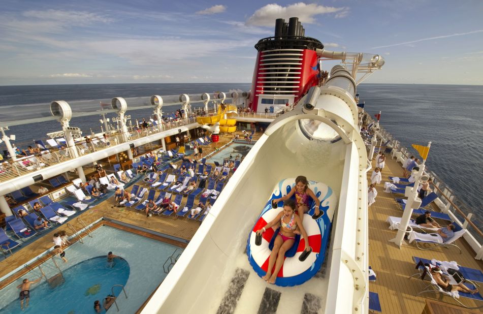 Travelers on the Disney Fantasy and Disney Dream can enjoy the shipboard  AquaDuck Water Coaster (shown here on the Dream), which is 765 feet in length and is the height of four decks.