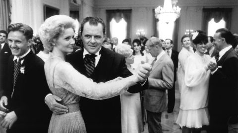 Actors Anthony Hopkins and Joan Allen in Oliver Stone's 1995 film "Nixon."